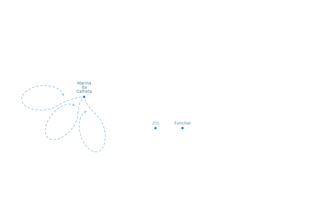 Simple map showing Funchal, Vila do Porto, and dotted lines.